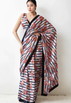 Pre Stitched Chinon Chiffon Saree in White and Navy Blue
