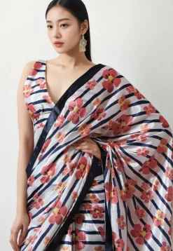 Pre Stitched Chinon Chiffon Saree in White and Navy Blue
