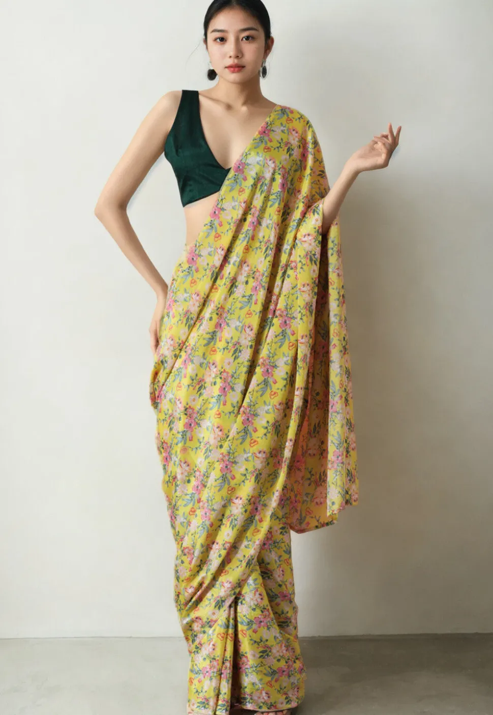 Pre Stitched Chinon Chiffon Saree in Yellow