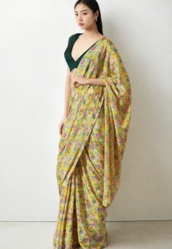 Pre Stitched Chinon Chiffon Saree in Yellow