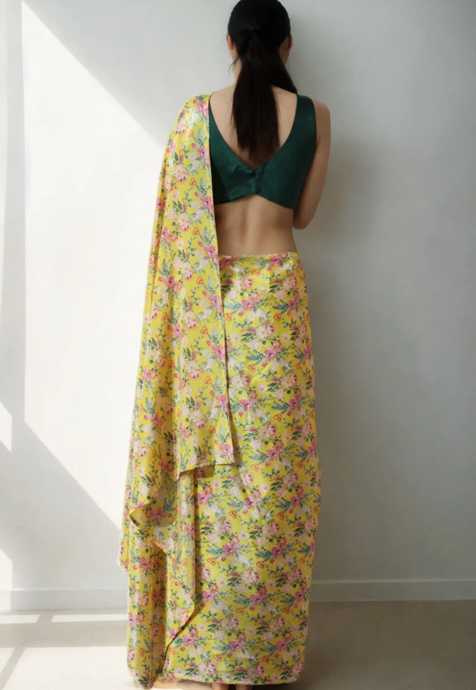Pre Stitched Chinon Chiffon Saree in Yellow