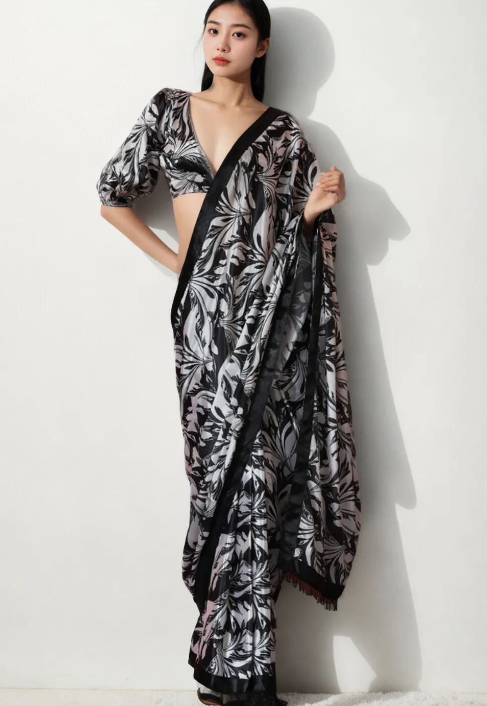 Pre Stitched Chinon Chiffon Saree in Black