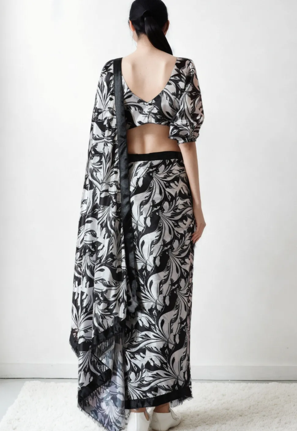 Pre Stitched Chinon Chiffon Saree in Black