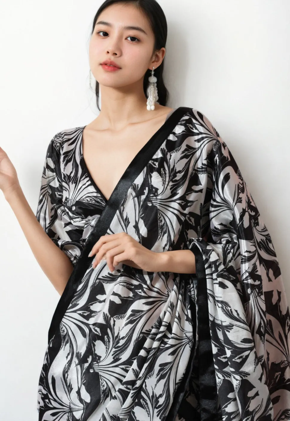 Pre Stitched Chinon Chiffon Saree in Black