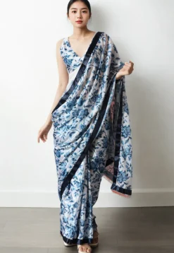 Pre Stitched Chinon Chiffon Saree in Off White