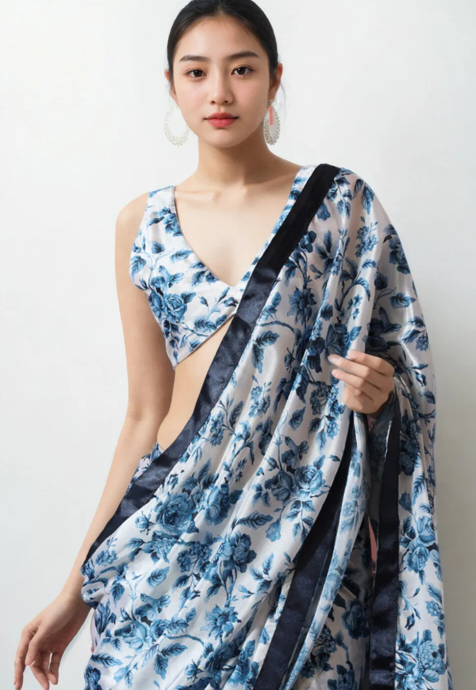 Pre Stitched Chinon Chiffon Saree in Off White