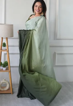 Pre Stitched Chinon Chiffon Saree in Olive Green Ombre