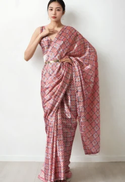 Pre Stitched Chinon Chiffon Saree in Off White and Peach