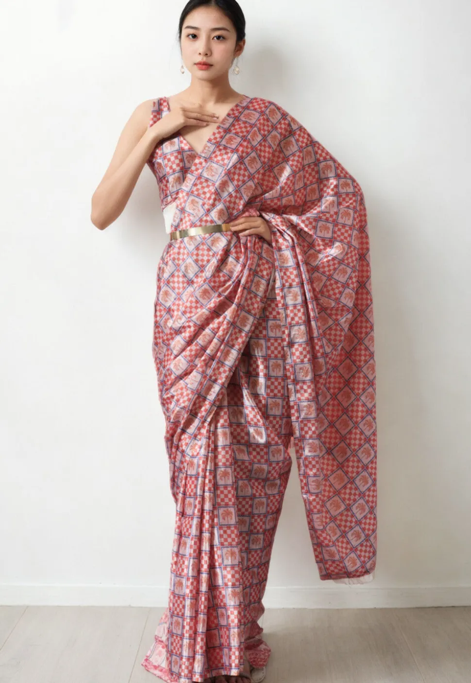 Pre Stitched Chinon Chiffon Saree in Off White and Peach