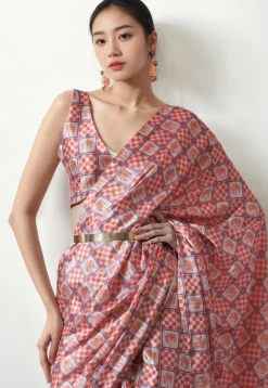 Pre Stitched Chinon Chiffon Saree in Off White and Peach