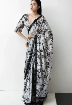 Pre Stitched Chinon Chiffon Saree in White