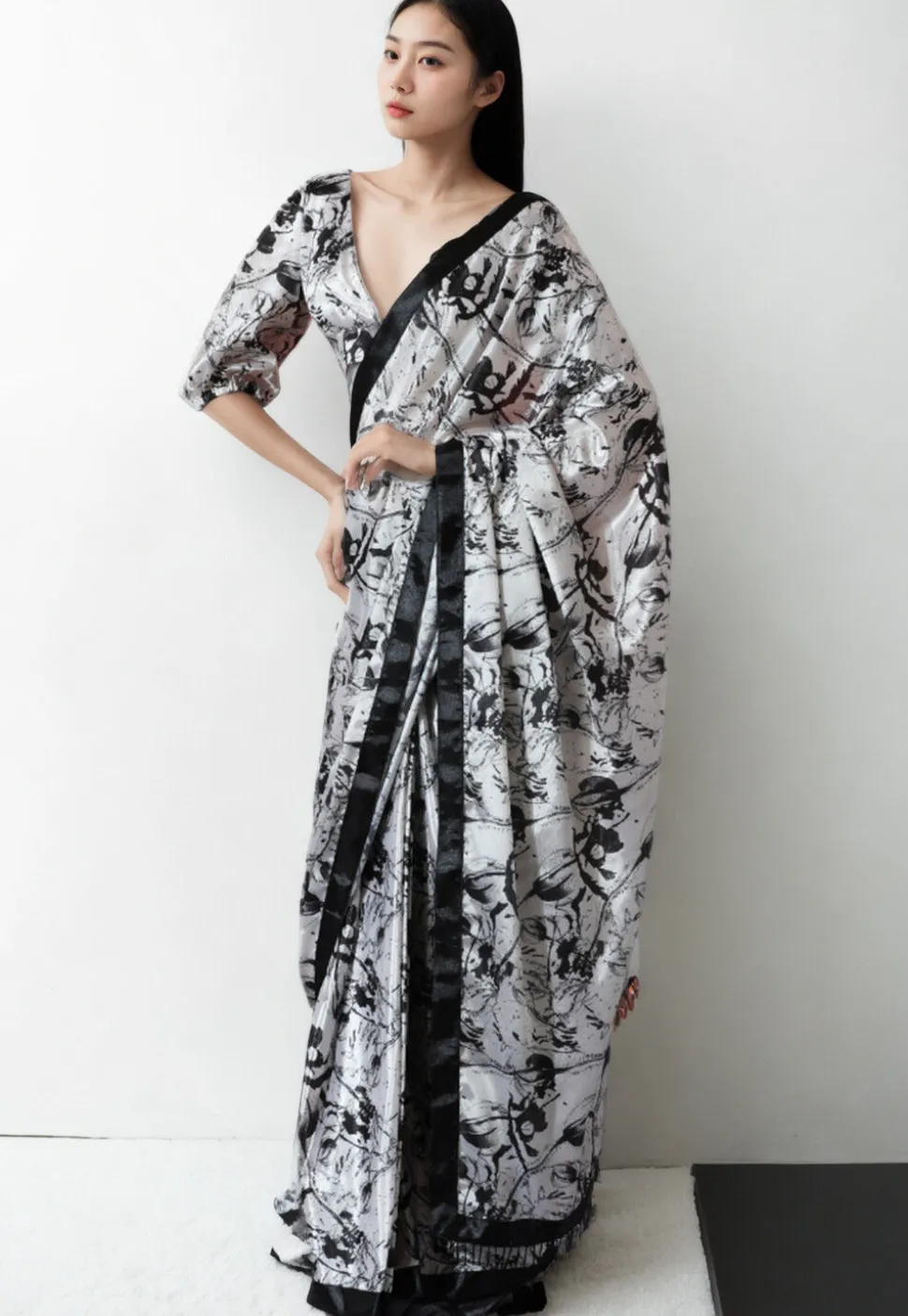 Pre Stitched Chinon Chiffon Saree in White
