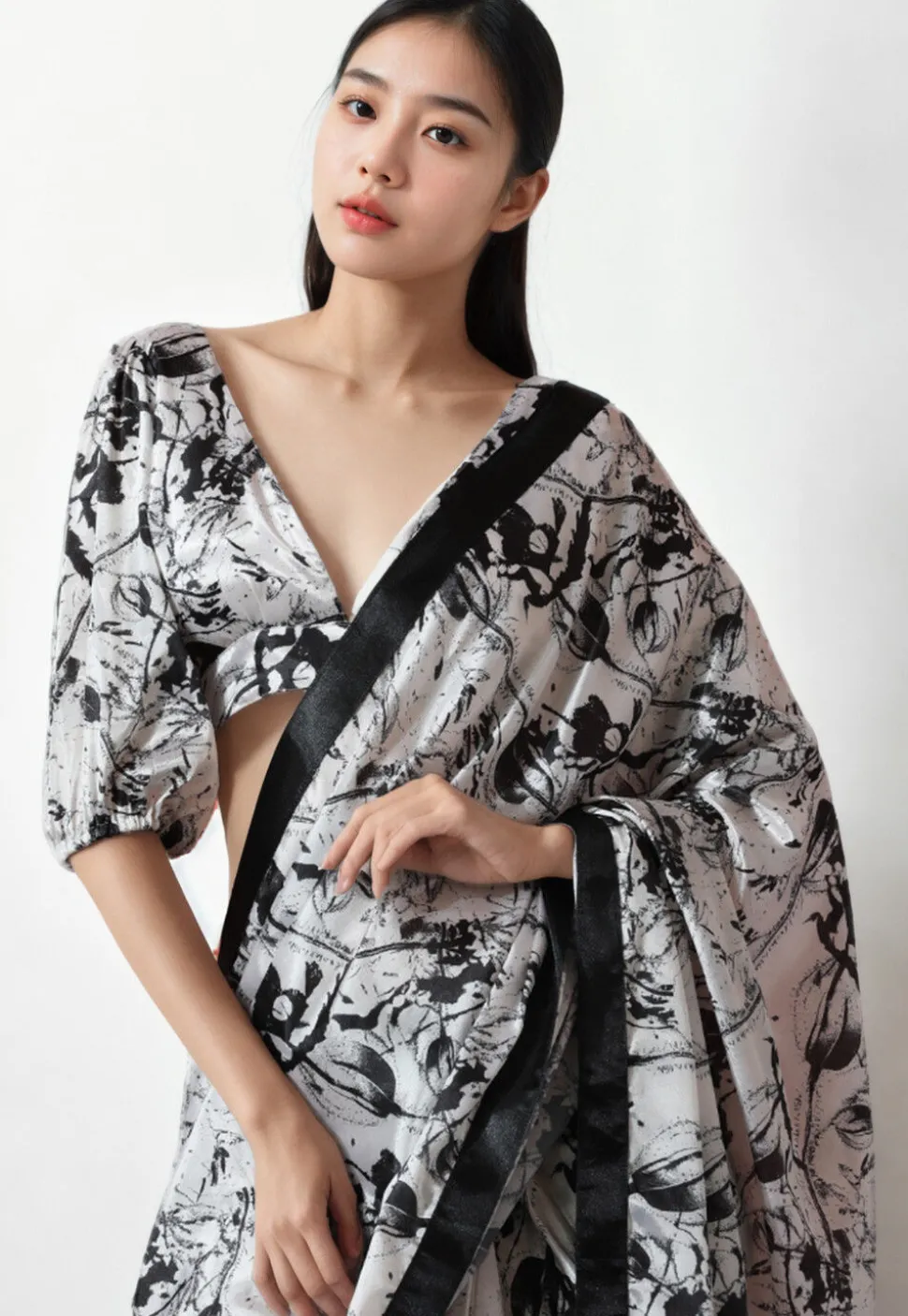 Pre Stitched Chinon Chiffon Saree in White