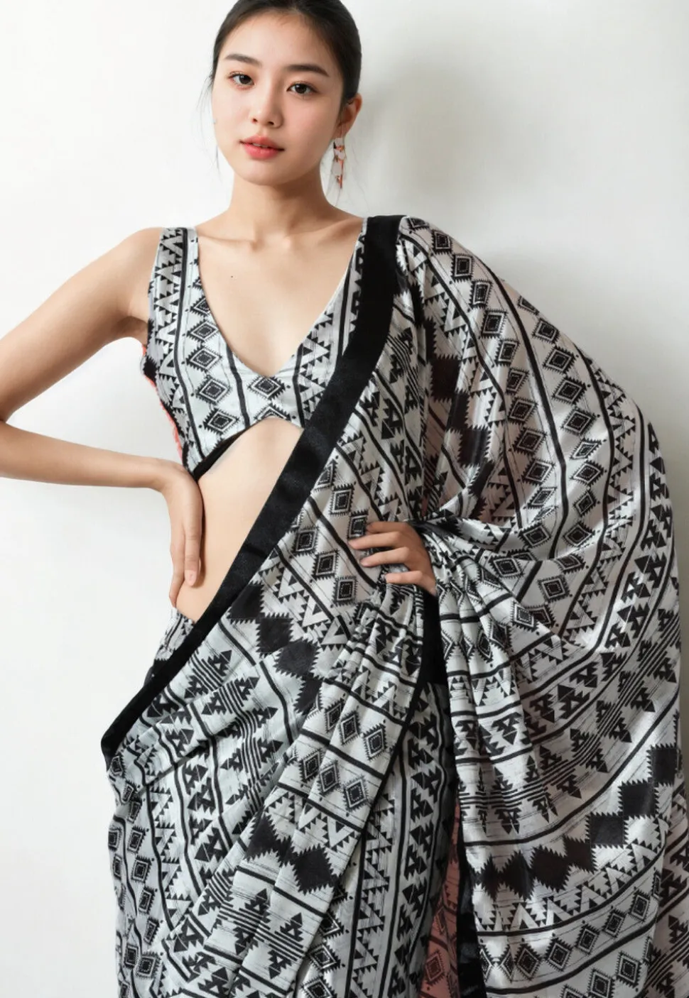Pre Stitched Chinon Chiffon Saree in Off White