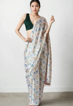 Pre Stitched Chinon Chiffon Saree in Off White