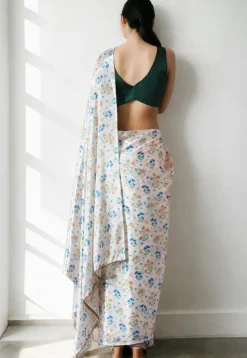 Pre Stitched Chinon Chiffon Saree in Off White