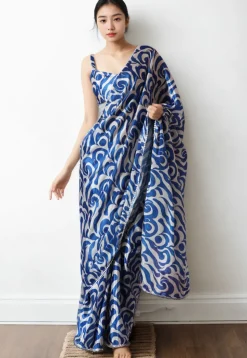 Pre Stitched Chinon Chiffon Saree in Off White and Blue