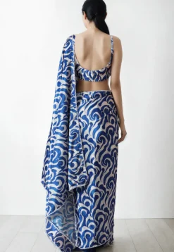 Pre Stitched Chinon Chiffon Saree in Off White and Blue