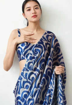 Pre Stitched Chinon Chiffon Saree in Off White and Blue