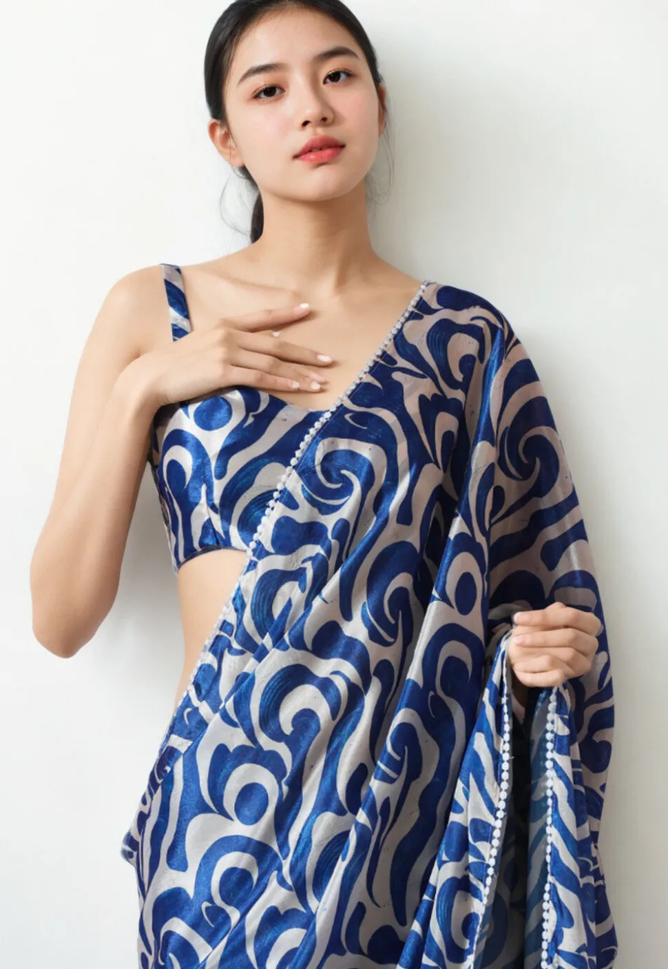 Pre Stitched Chinon Chiffon Saree in Off White and Blue