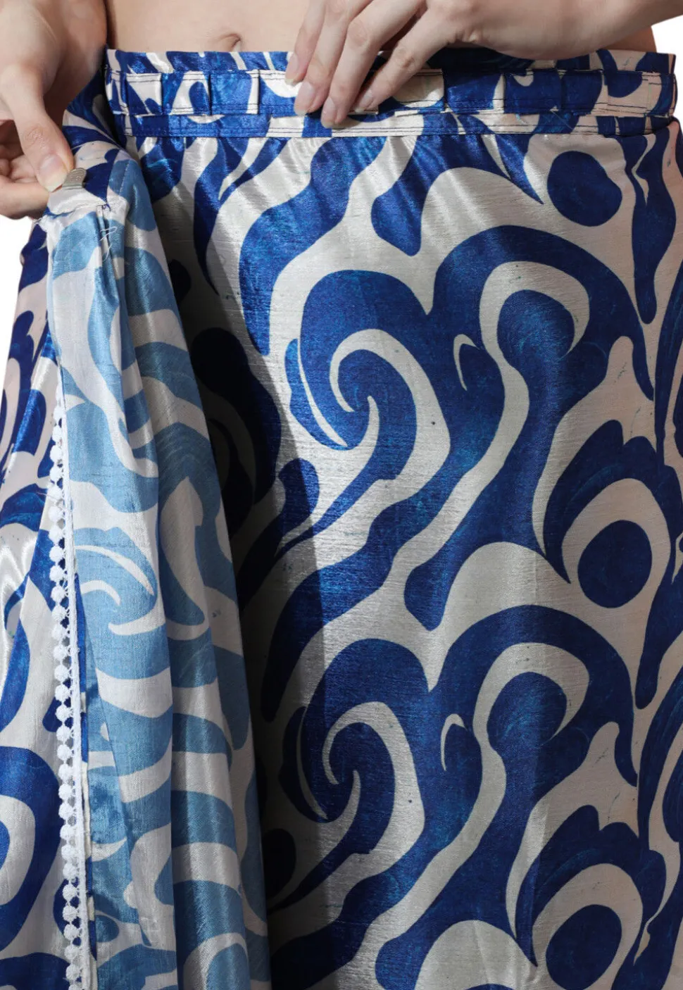 Pre Stitched Chinon Chiffon Saree in Off White and Blue