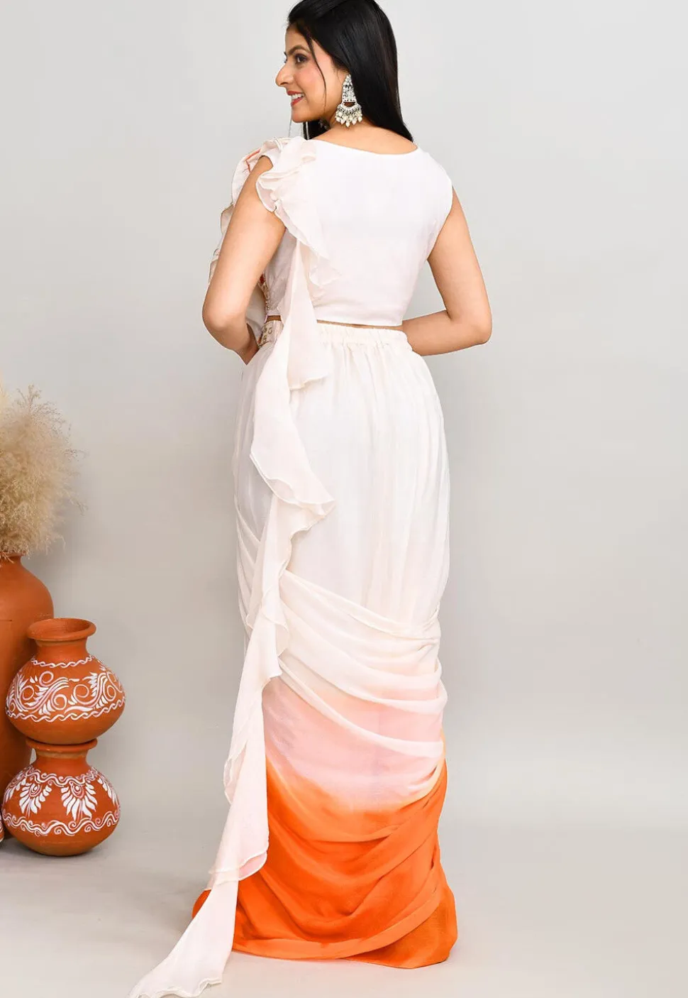 Pre Stitched Chinon Chiffon Saree in Off White and Orange