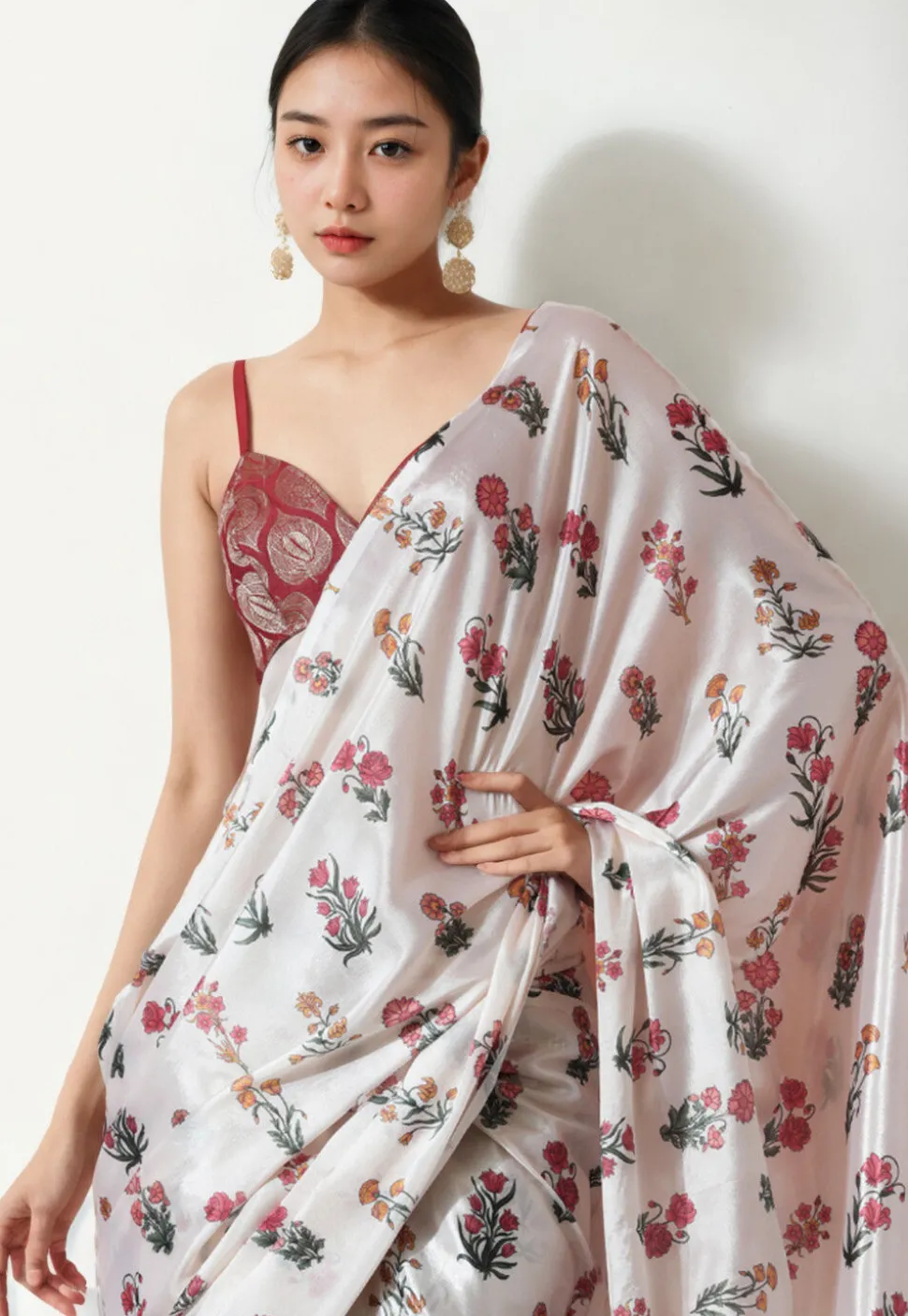 Pre Stitched Chinon Chiffon Saree in Cream