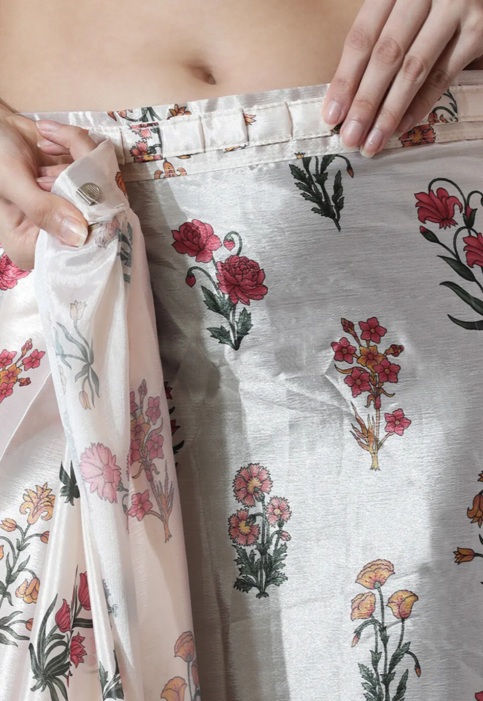 Pre Stitched Chinon Chiffon Saree in Cream