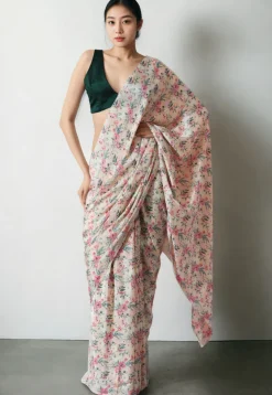 Pre Stitched Chinon Chiffon Saree in Light Beige