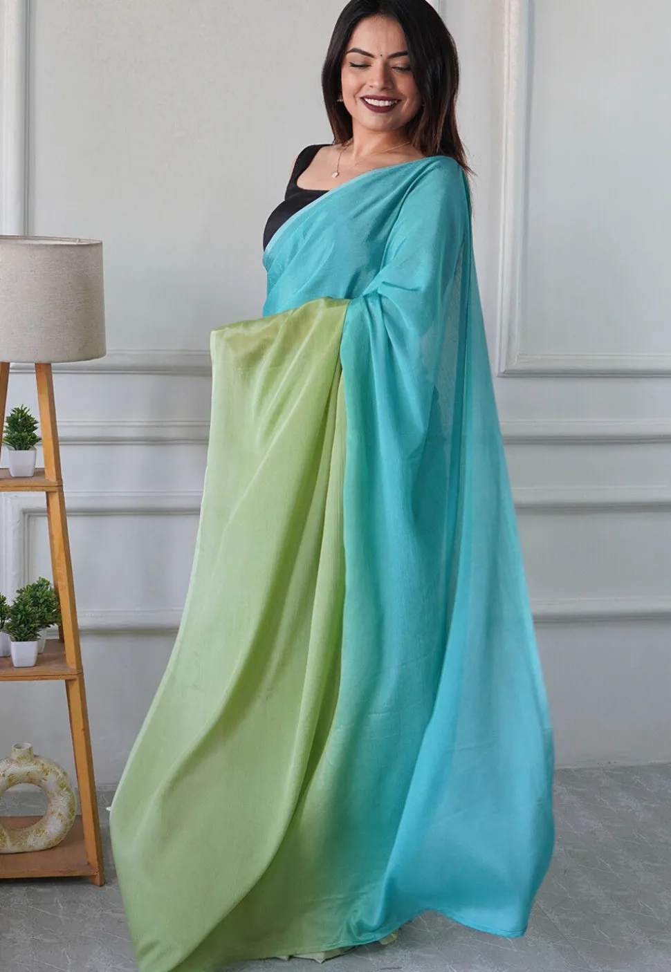 Pre Stitched Chinon Chiffon Saree in Sea Green and Green Shaded