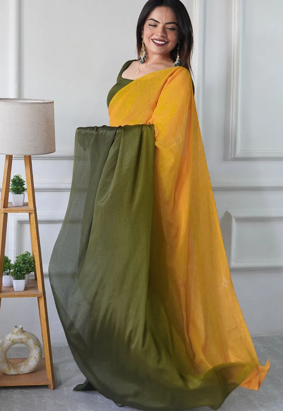 Pre Stitched Chinon Chiffon Saree in Mustard and Olive Green Shaded