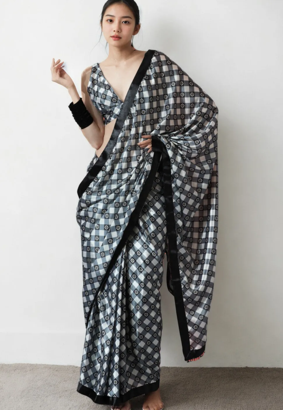 Pre Stitched Chinon Chiffon Saree in White and Grey