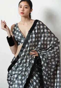 Pre Stitched Chinon Chiffon Saree in White and Grey