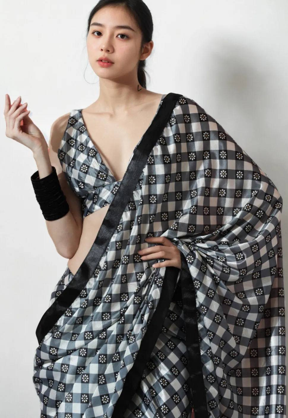 Pre Stitched Chinon Chiffon Saree in White and Grey