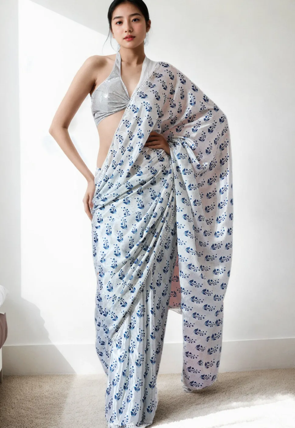 Pre Stitched Chinon Chiffon Saree in White