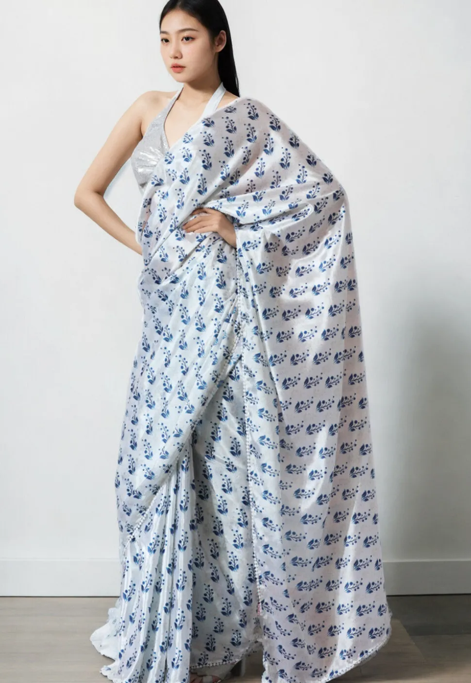 Pre Stitched Chinon Chiffon Saree in White