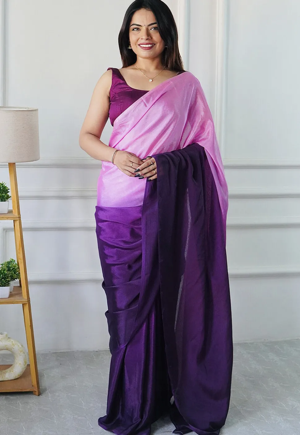 Pre Stitched Chinon Chiffon Saree in Purple Ombre