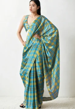 Pre Stitched Chinon Chiffon Saree in Blue and Yellow