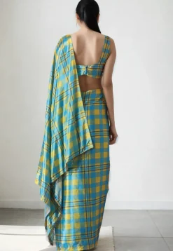 Pre Stitched Chinon Chiffon Saree in Blue and Yellow