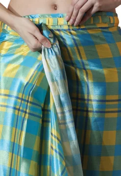 Pre Stitched Chinon Chiffon Saree in Blue and Yellow