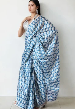 Pre Stitched Chinon Chiffon Saree in White
