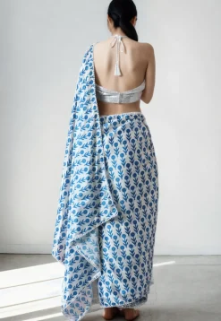 Pre Stitched Chinon Chiffon Saree in White