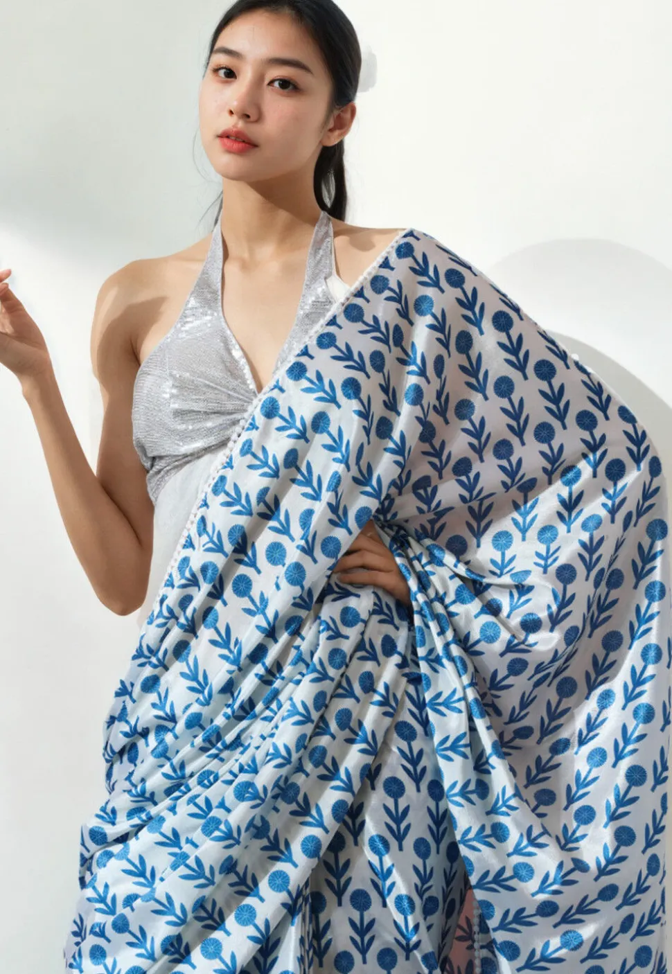 Pre Stitched Chinon Chiffon Saree in White