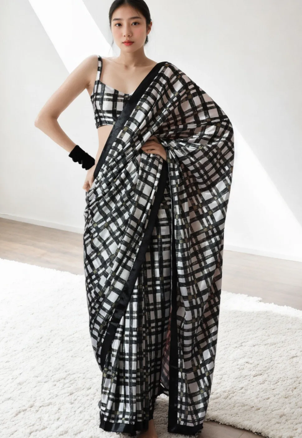 Pre Stitched Chinon Chiffon Saree in Black