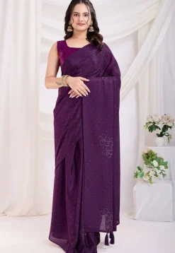 Pre Stitched Chinon Silk Saree in Wine