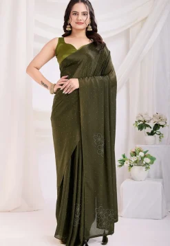 Pre Stitched Chinon Silk Saree in Dark Olive Green