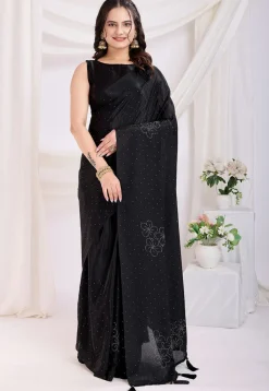 Pre Stitched Chinon Silk Saree in Black