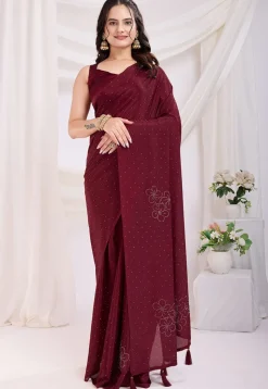 Pre Stitched Chinon Silk Saree in Maroon