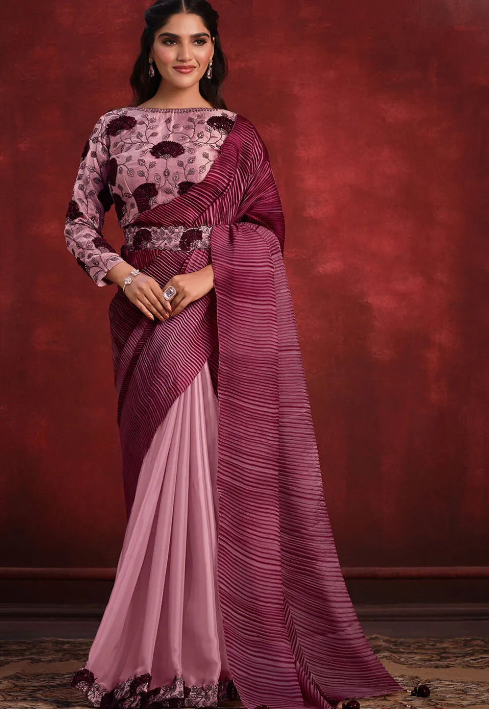 Pre Stitched Crepe Silk Accordian Saree in Peach and Magenta