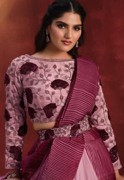 Pre Stitched Crepe Silk Accordian Saree in Peach and Magenta